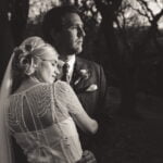 Black and white photo of the Bride and Groom during their Folly Farm Centre Wedding