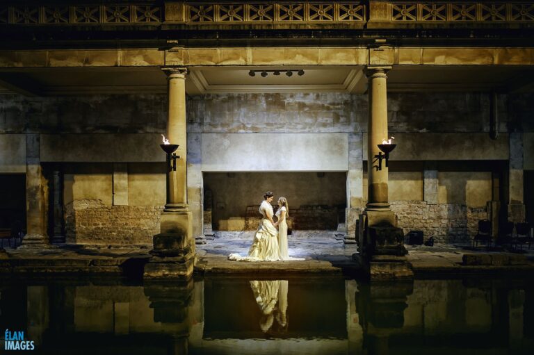 Sunset wedding at the Roman Baths Pump Rooms in Bath