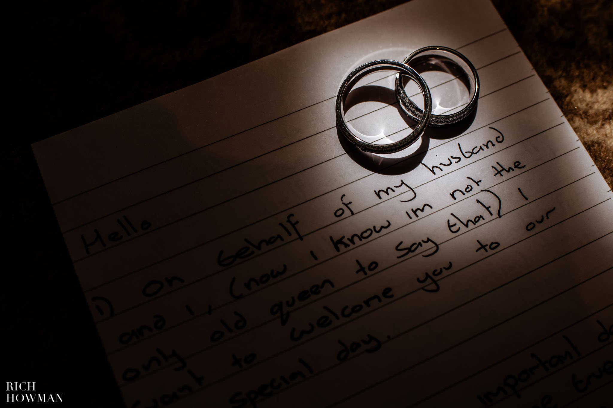 wedding rings on the corner of a handwritten speech captured by ellenborough park wedding photographer, Rich Howman