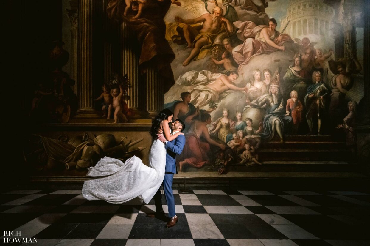 bride and groom portrait captured by painted hall wedding photographer, Rich howman in old royal naval college wedding photography