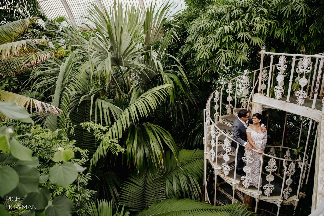 bride and groom on a spiral staircase surrounded by dramatic fern foliage, captured by Nash Conservatory wedding photographer, Rich Howman